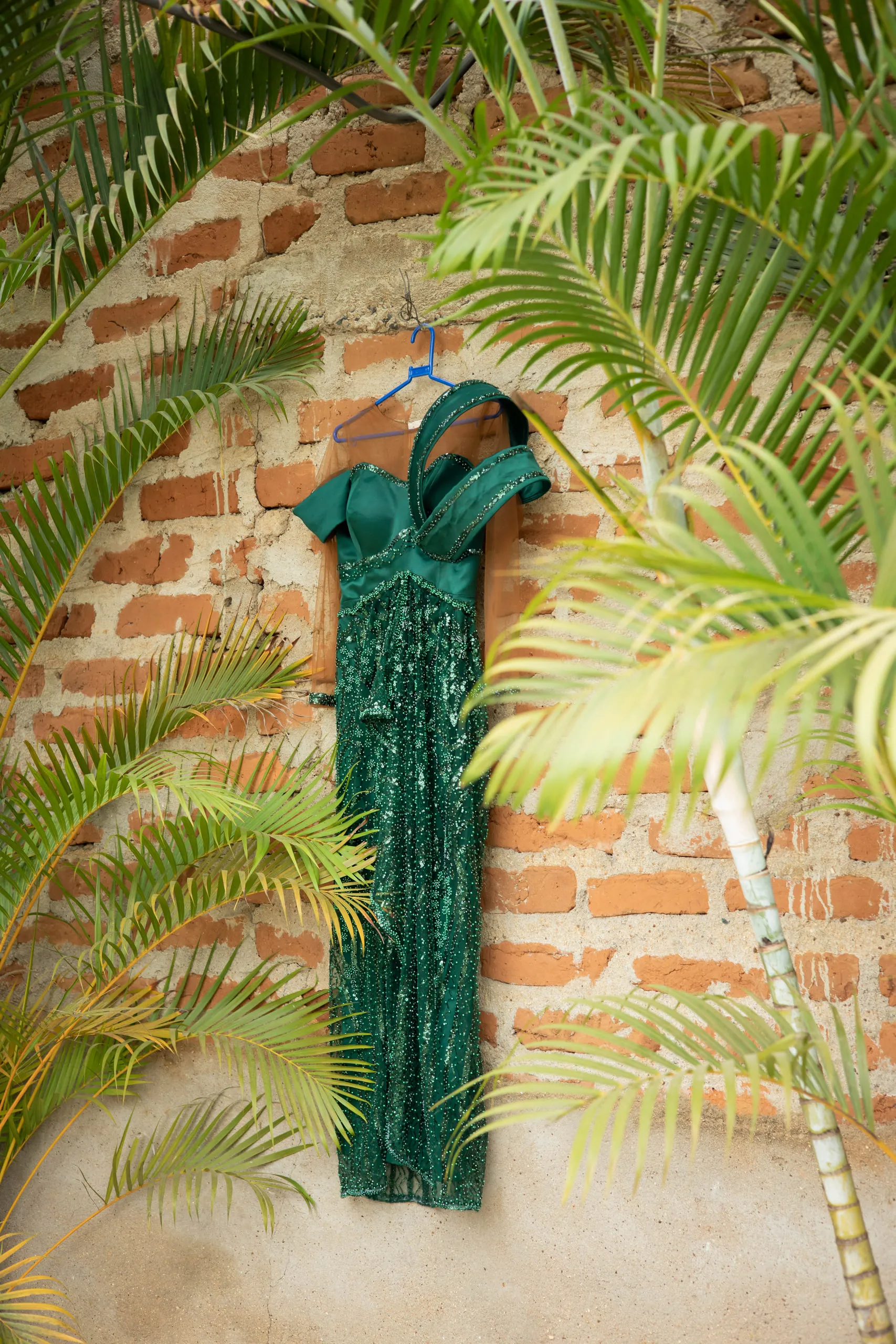 Green sequinned gown hanging on a brick wall among palm leaves